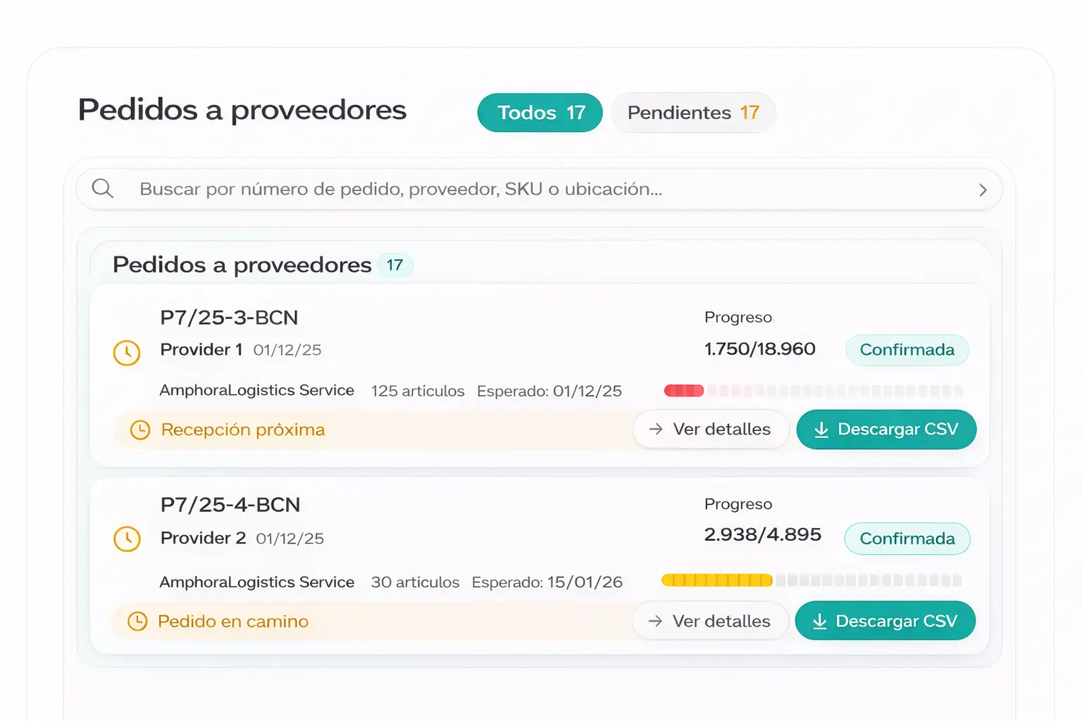Panel de pedidos de compra
